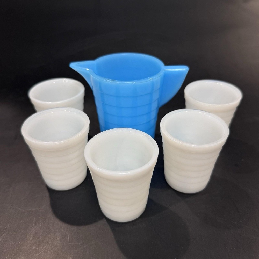 Vintage 30s Child's Glass Toy Dish Set Blue Pitcher & 5 Cups Stacked Rib Relief
